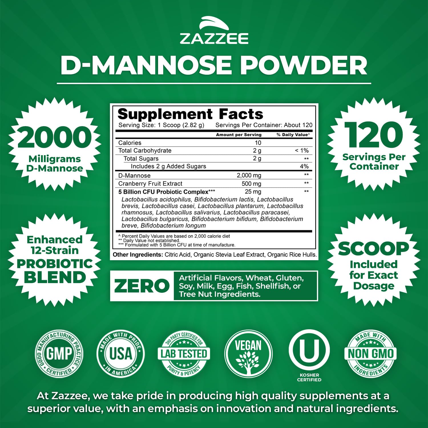 Zazzee D-Mannose Powder Plus jar label highlights cranberry extract and probiotics