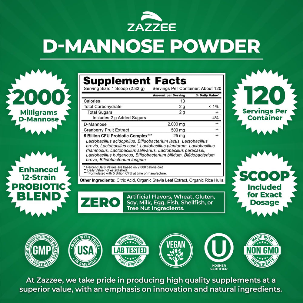Zazzee D-Mannose Powder Plus jar label highlights cranberry extract and probiotics
