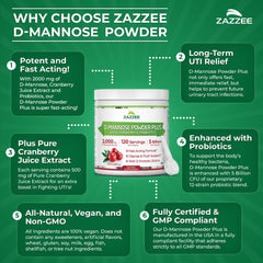 Zazzee D-Mannose Powder Plus non-GMO badge highlights clean ingredients