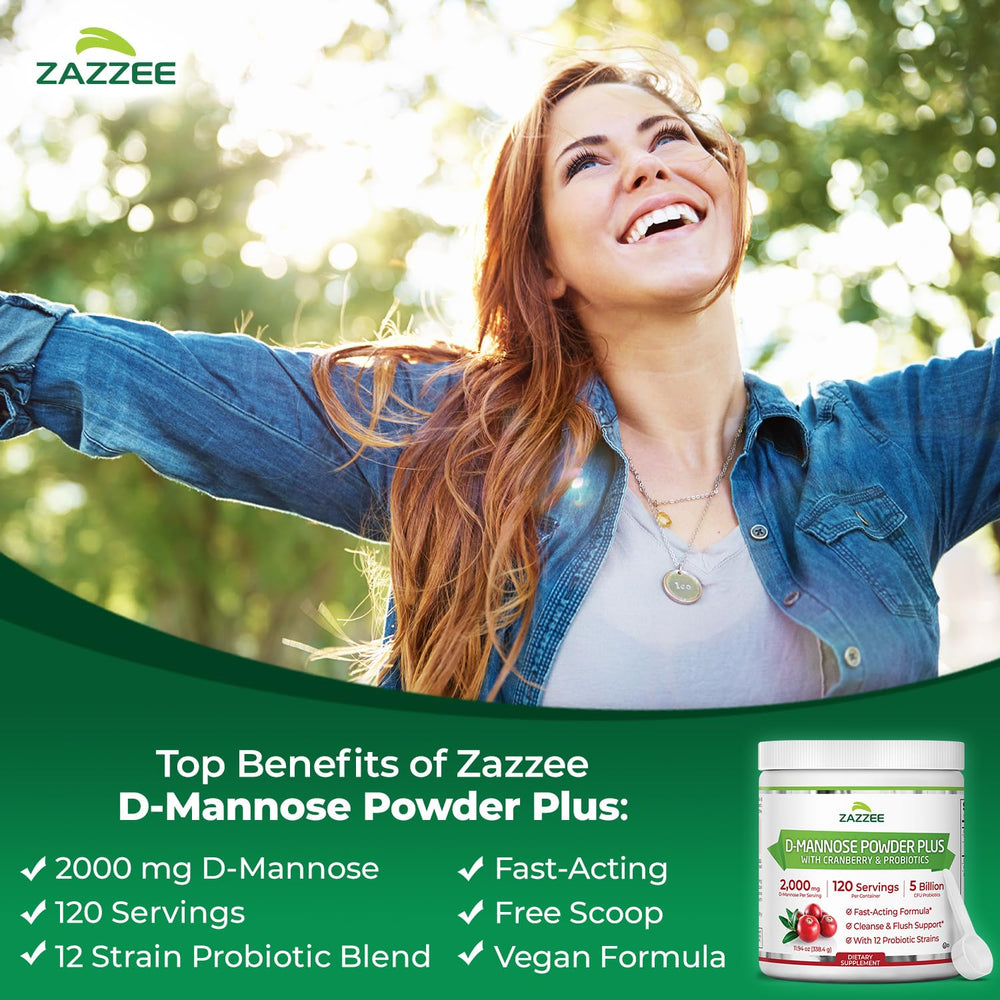 Zazzee D-Mannose Powder Plus scoop demonstrates easy, precise daily dosage