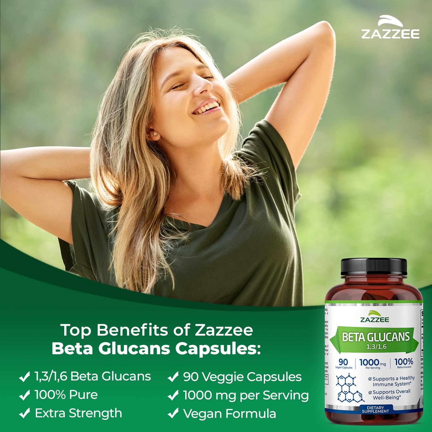 Zazzee Extra Strength Beta Glucans bottle stands upright, signaling vegan and non GMO immune support.
