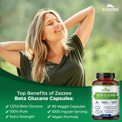 Zazzee Extra Strength Beta Glucans bottle stands upright, signaling vegan and non GMO immune support.
