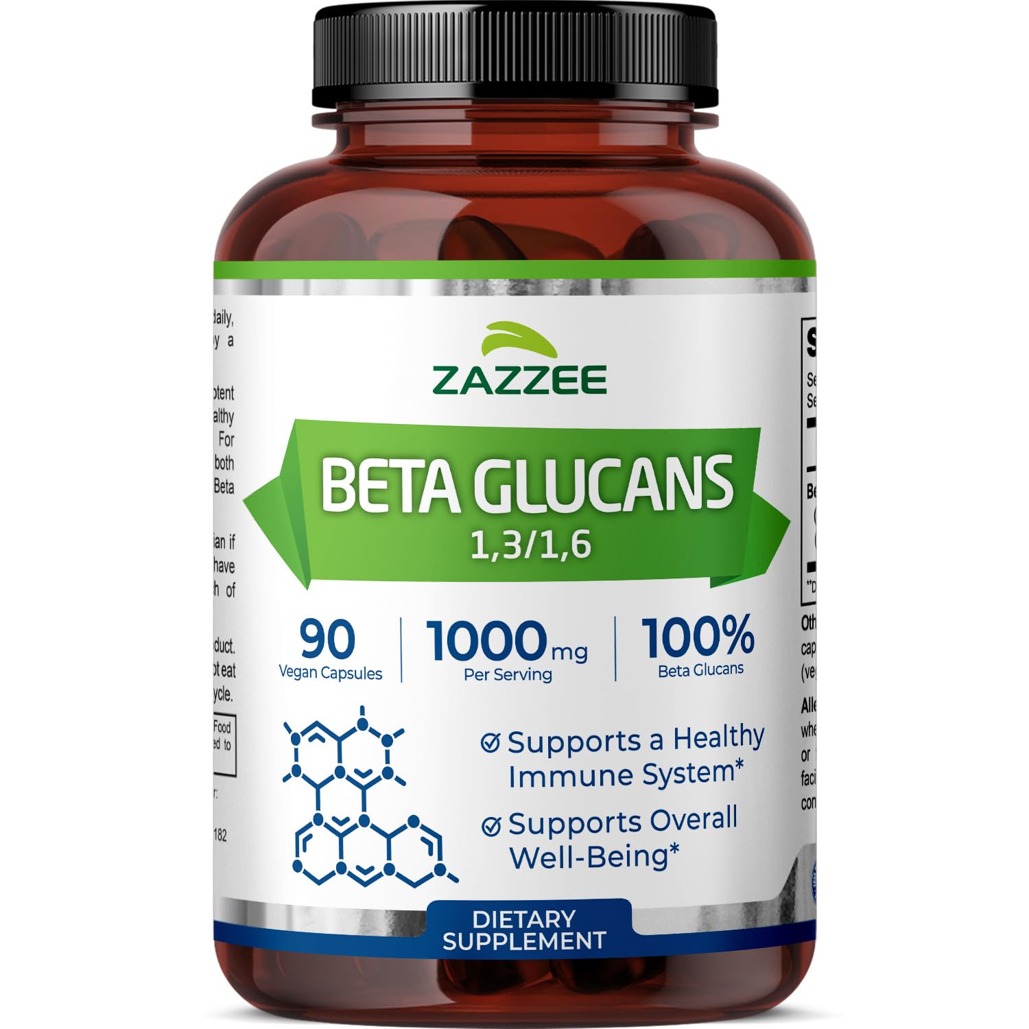 Zazzee Extra Strength Beta Glucans capsules on a clean countertop, highlighting 1000 mg potency for immune support.