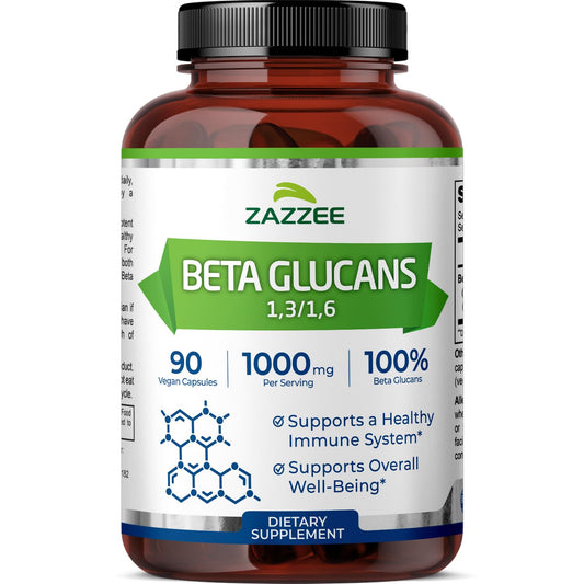 Zazzee Extra Strength Beta Glucans capsules on a clean countertop, highlighting 1000 mg potency for immune support.