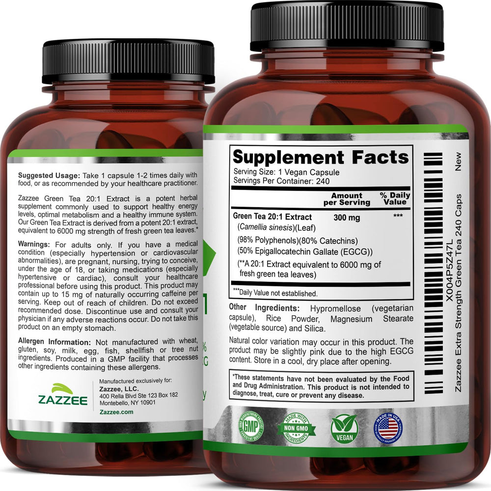 Zazzee Green Tea Extract bottle contains 240 capsules for an 8 month supply