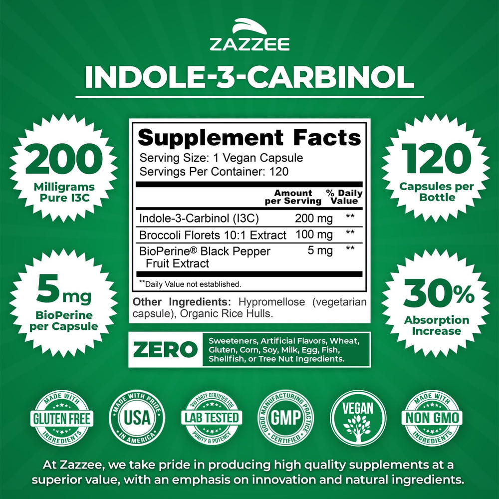 Zazzee i3c capsules close-up highlights vegan formula and 200 mg per capsule