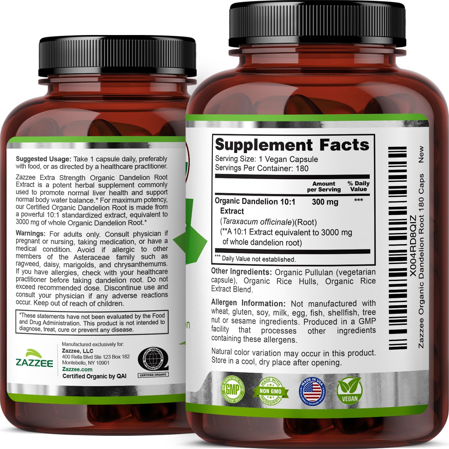 Zazzee ingredient list on label highlights natural, organic components.