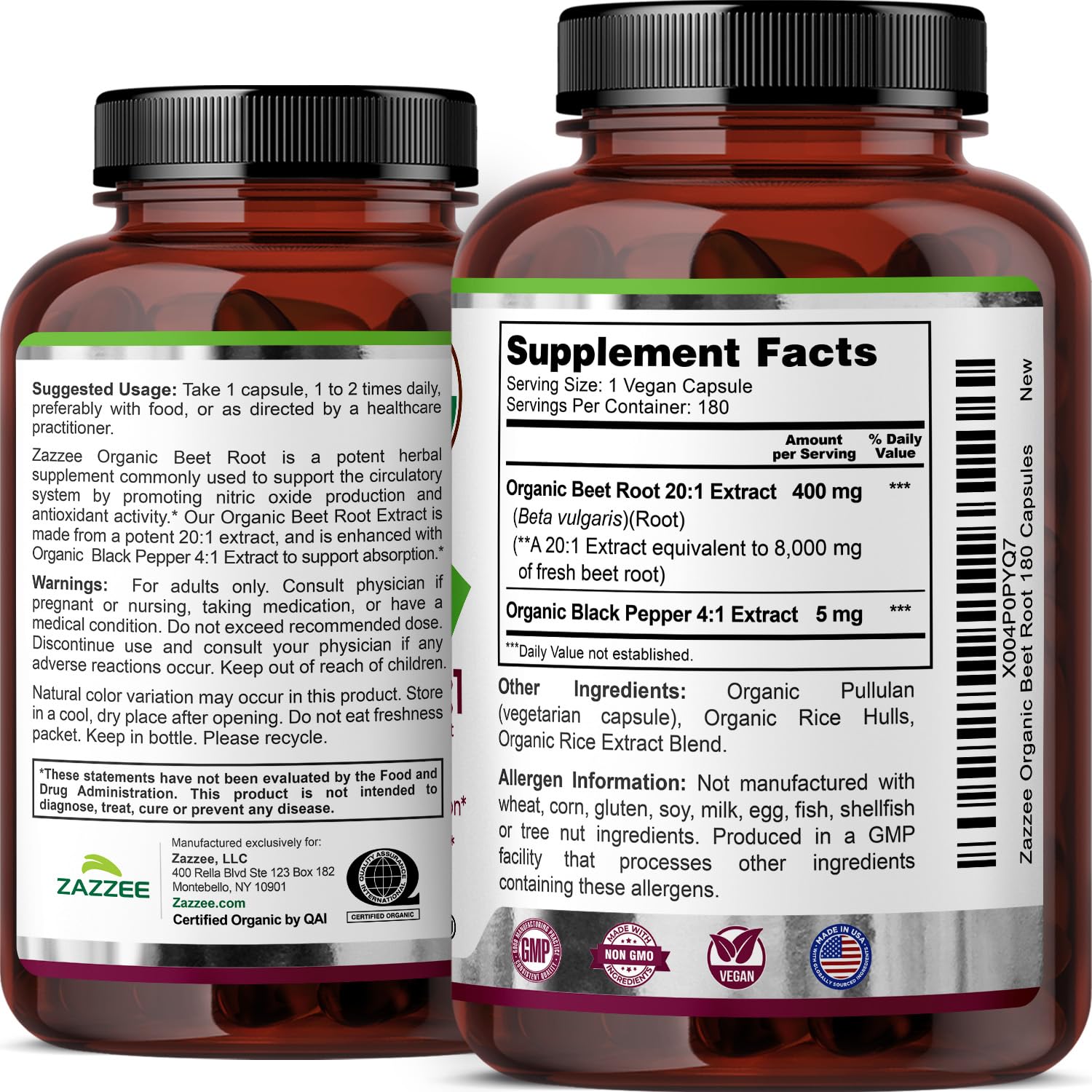 Zazzee Kosher-friendly beet root packaging with 180 capsules