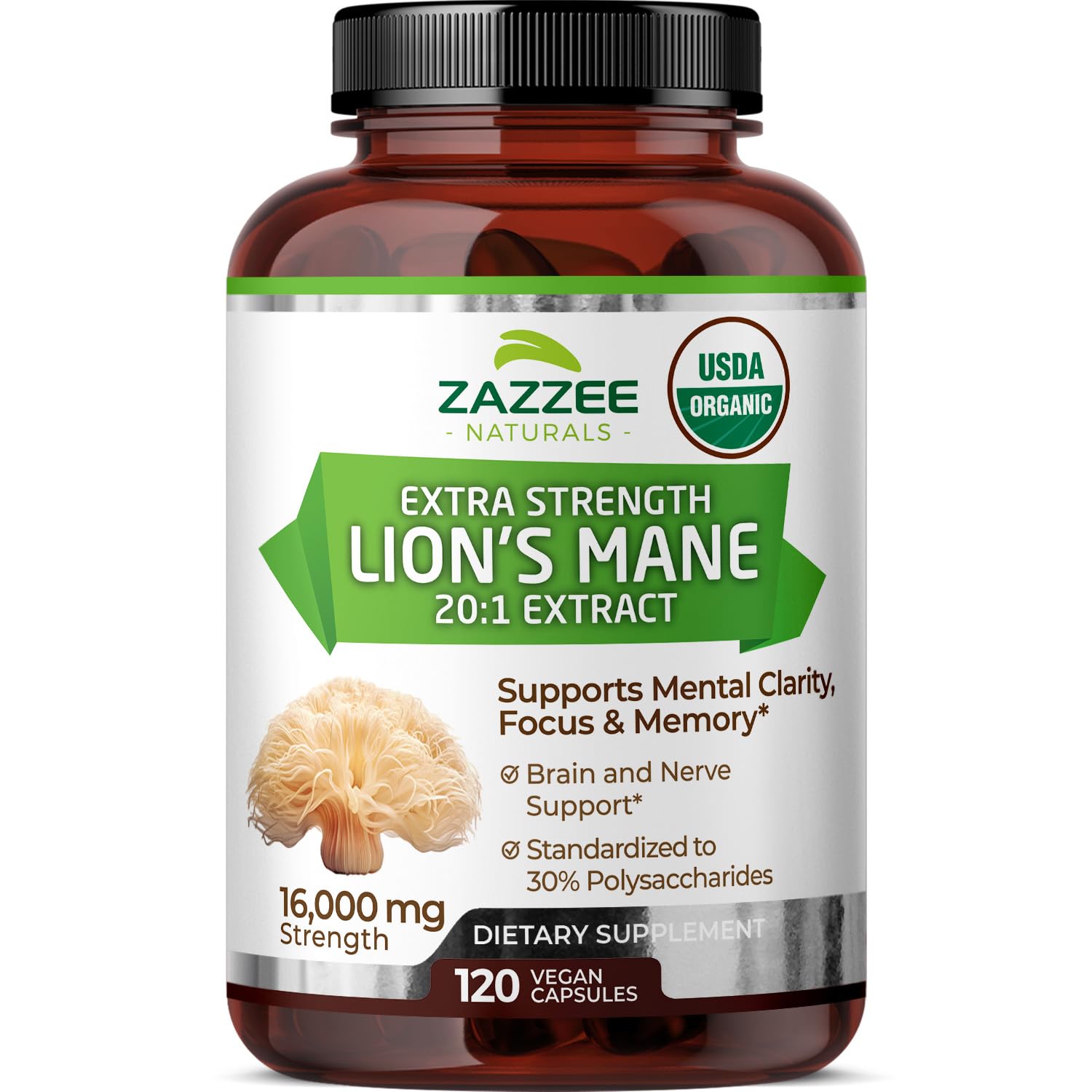 Zazzee Lions Mane bottle with capsules for daily focus support.