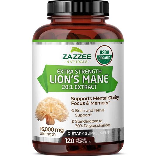 Zazzee Lions Mane bottle with capsules for daily focus support.