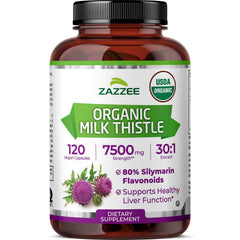 Zazzee Milk Thistle 30:1 bottle shows high potency extract for liver support.