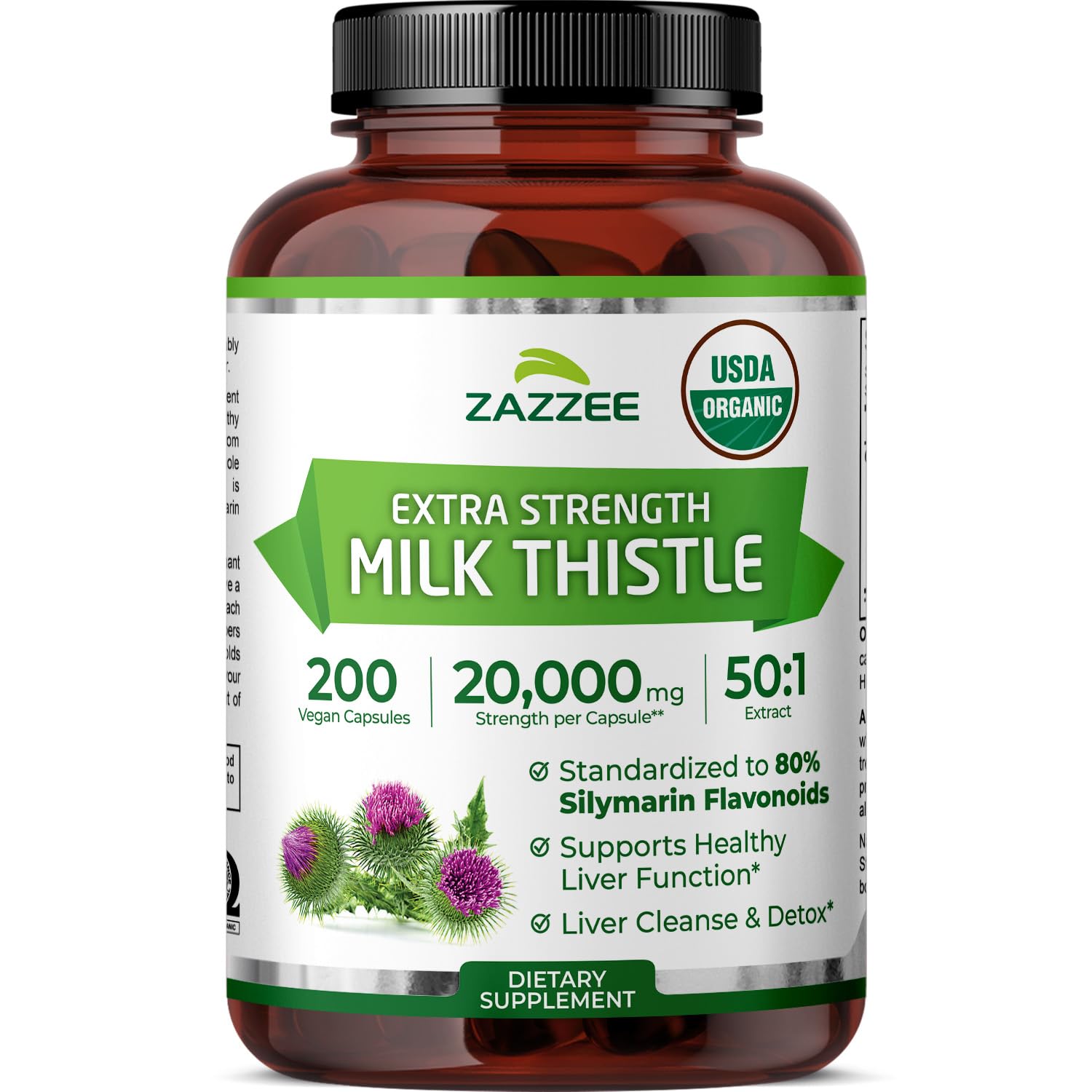 Zazzee Milk Thistle bottle shows organic, extra-strength formula for liver health.