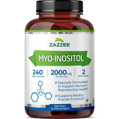 Zazzee Myo-Inositol bottle front promotes reproductive wellness.