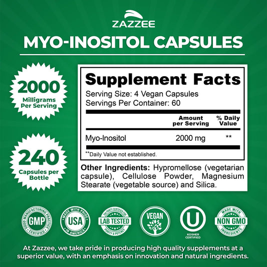 Zazzee Myo-Inositol label close-up showing 2000 mg per serving.