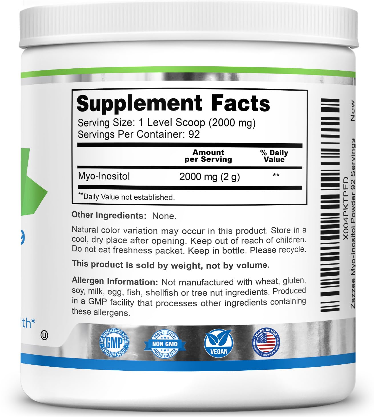 Dosage information card beside Zazzee Myo-Inositol powder bottle.