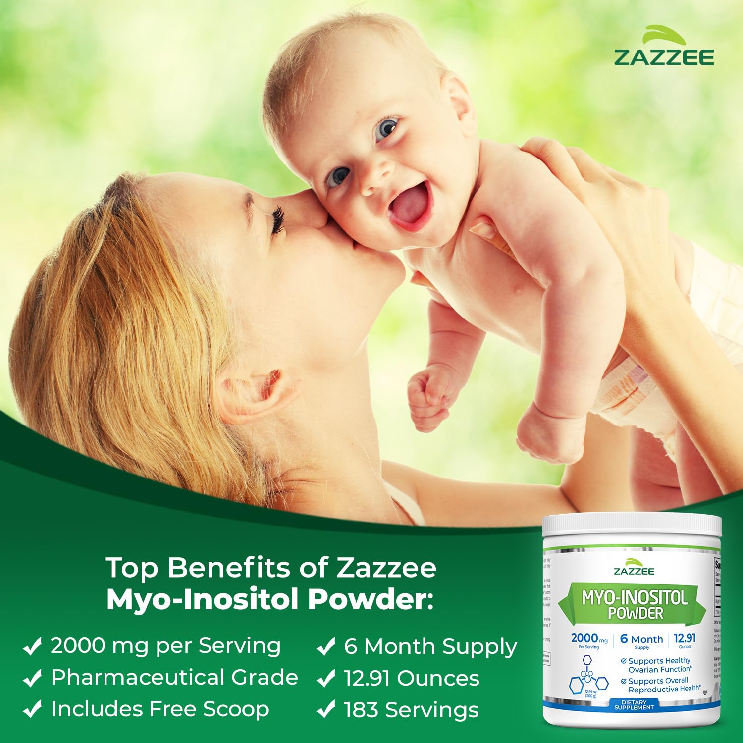 Front view of Zazzee Myo-Inositol powder jar with clear label.