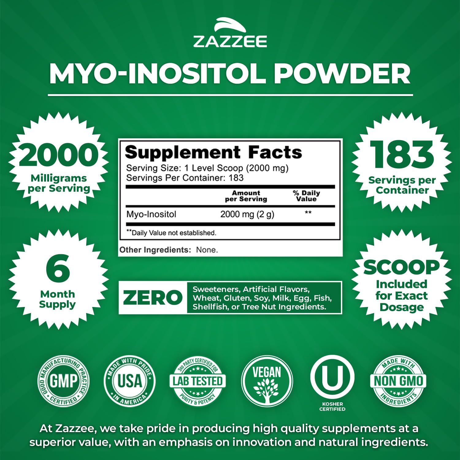Close-up of the Zazzee Myo-Inositol scoop showing the 2000 mg measurement.