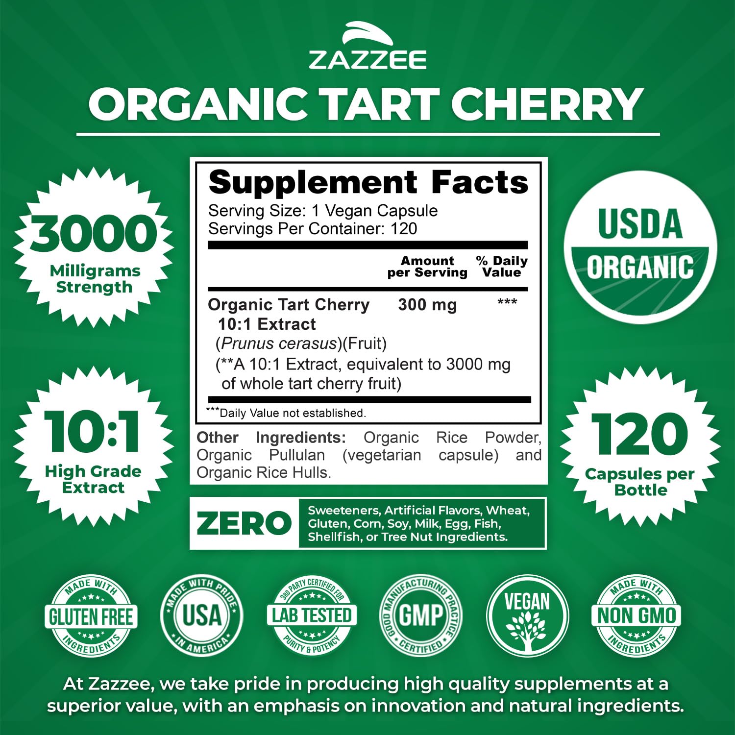 Zazzee Organic Certification Seal highlights non-GMO, all-natural ingredients.