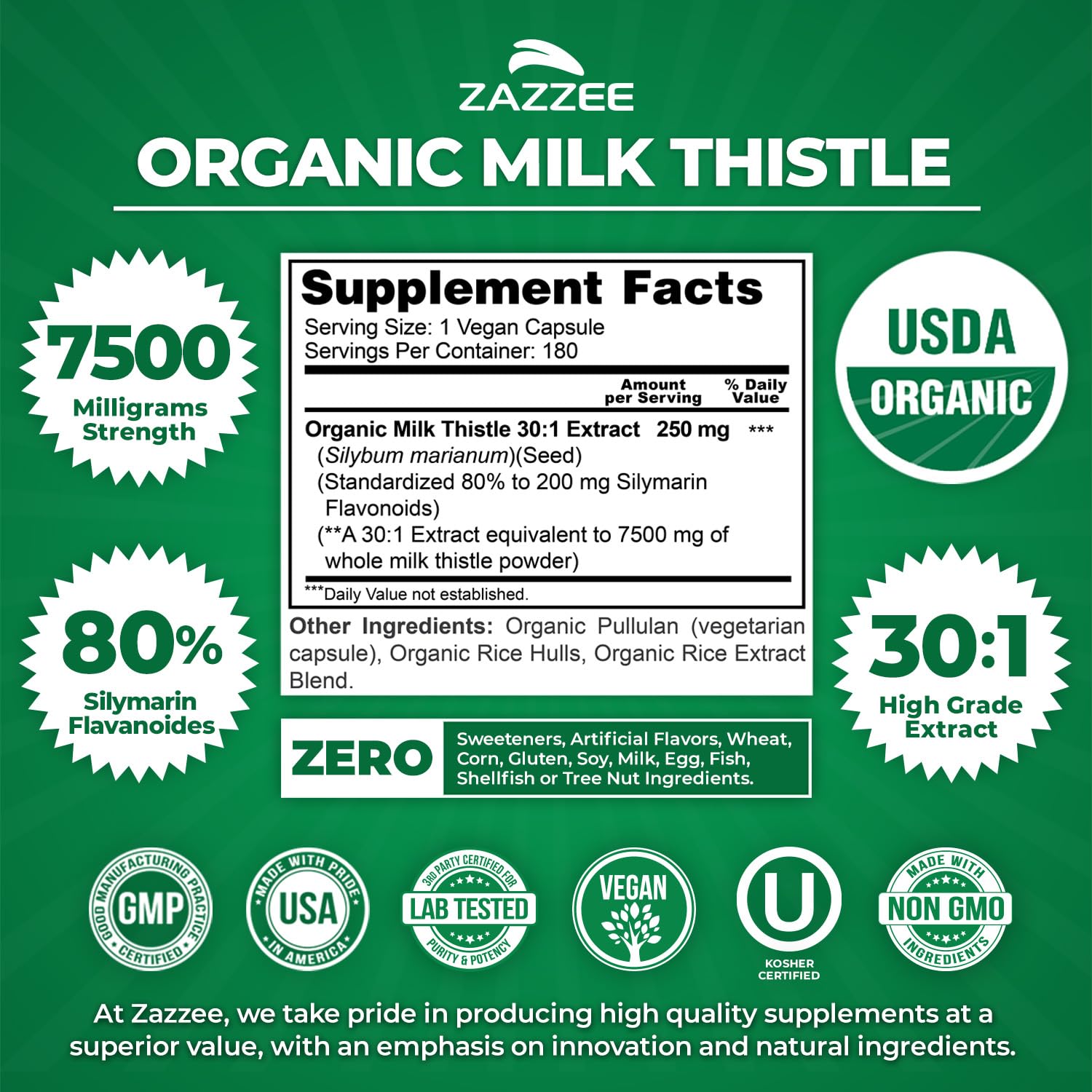 Zazzee Organic Milk Thistle 30:1 extract infographic emphasizes potency.