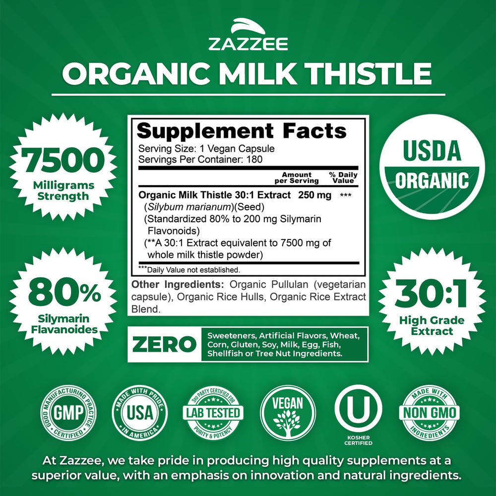 Zazzee Organic Milk Thistle 30:1 extract infographic emphasizes potency.