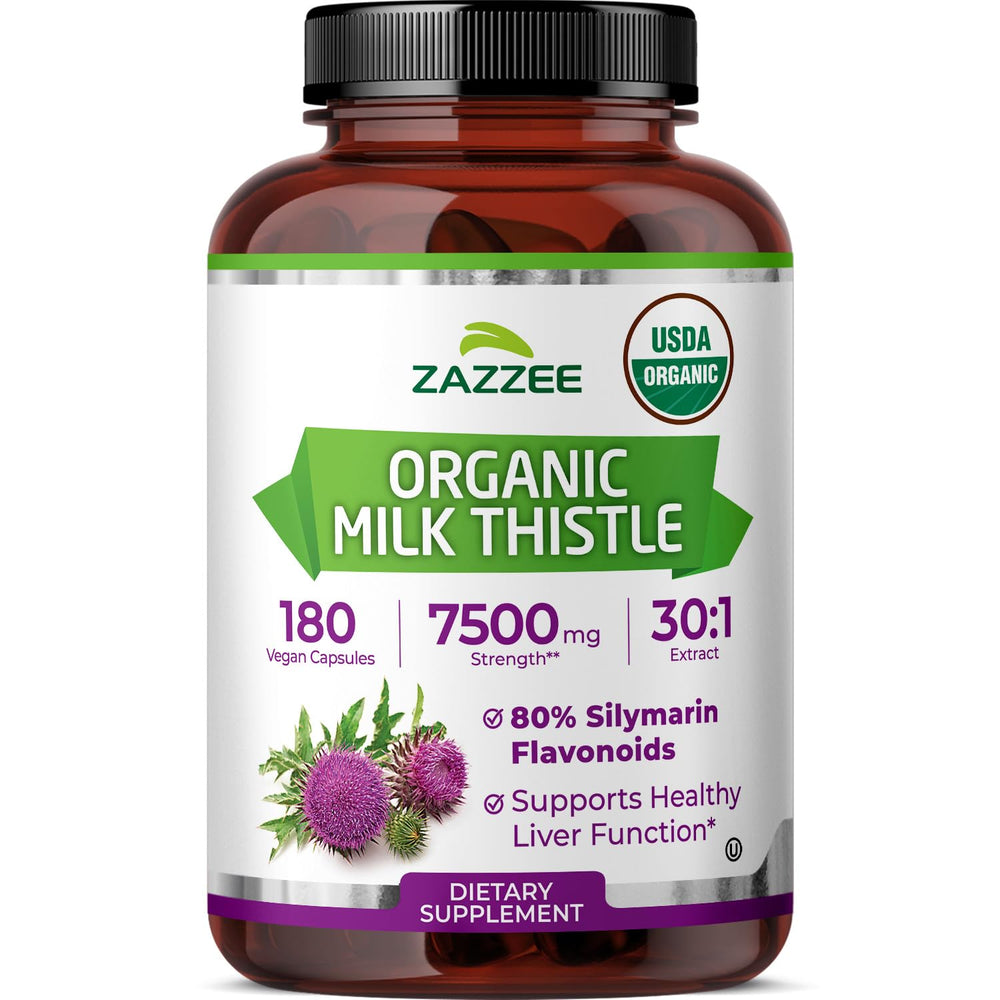 Zazzee Organic Milk Thistle bottle label highlights USDA Organic formula.