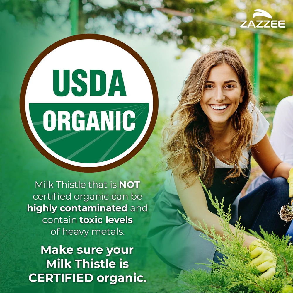Zazzee Organic Milk Thistle capsules closeup shows 30:1 extract potency.