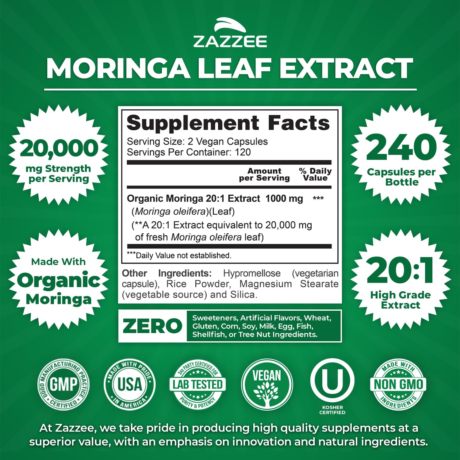 Zazzee Moringa capsule close-up highlighting potent 20:1 extract for daily energy.