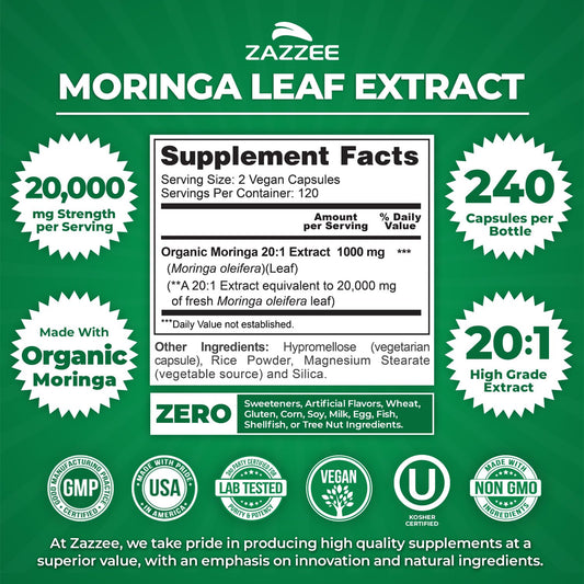 Zazzee Moringa capsule close-up highlighting potent 20:1 extract for daily energy.
