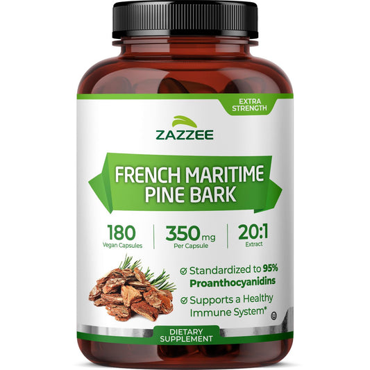 Zazzee Pine Bark Extract bottle front shows high potency and six-month value