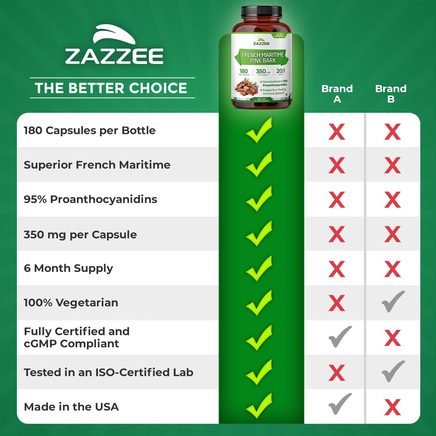 Package display of Zazzee Pine Bark Extract with six-month supply value