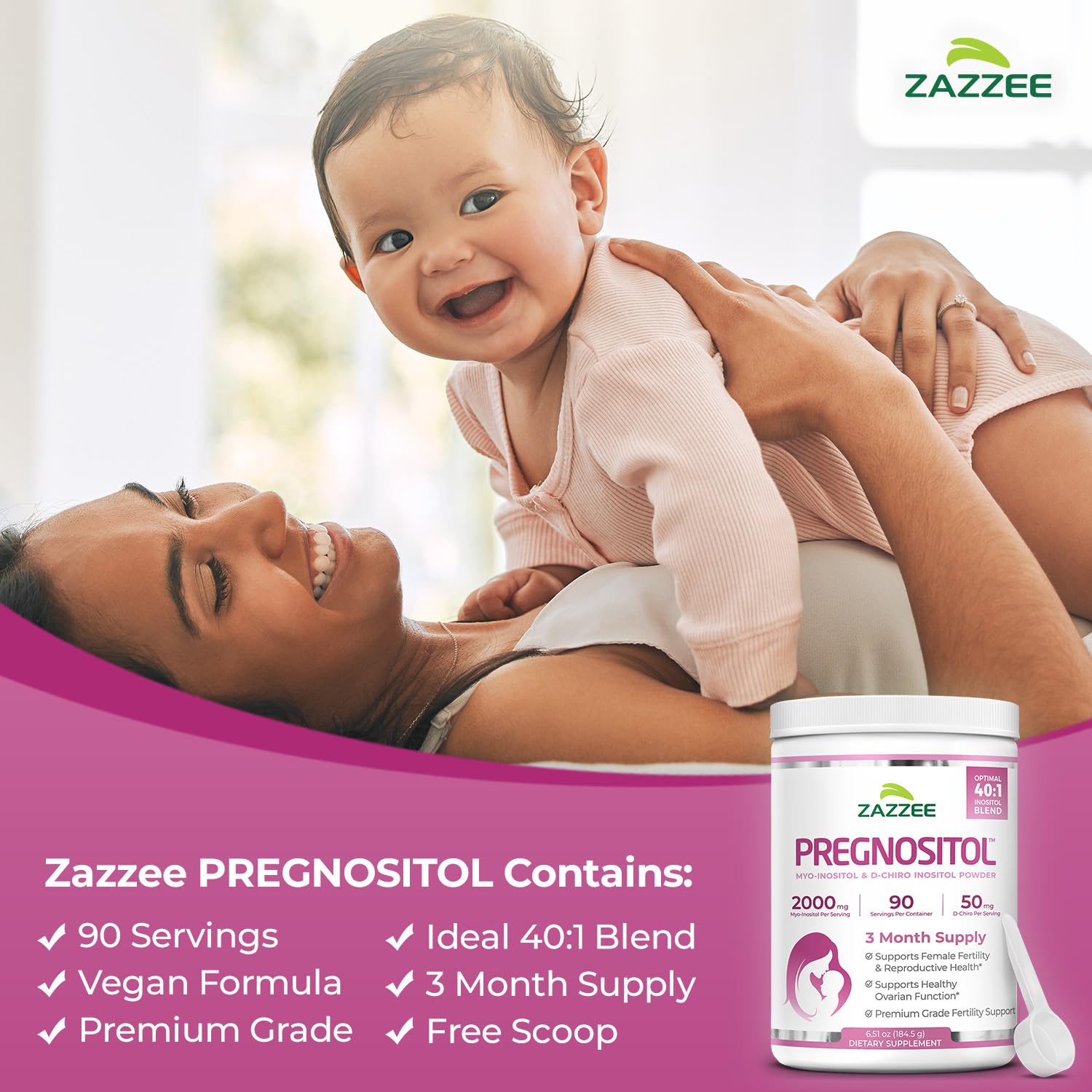 Zazzee Pregnositol 40-1 ratio highlights balanced inositol blend for daily routine