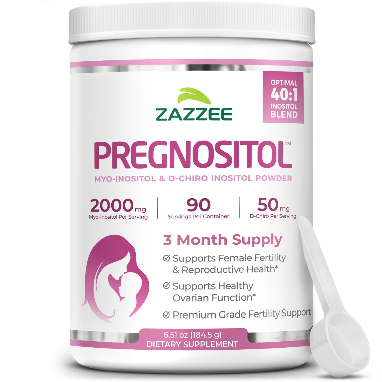 Zazzee Pregnositol bottle showcasing premium fertility support supplement for daily use