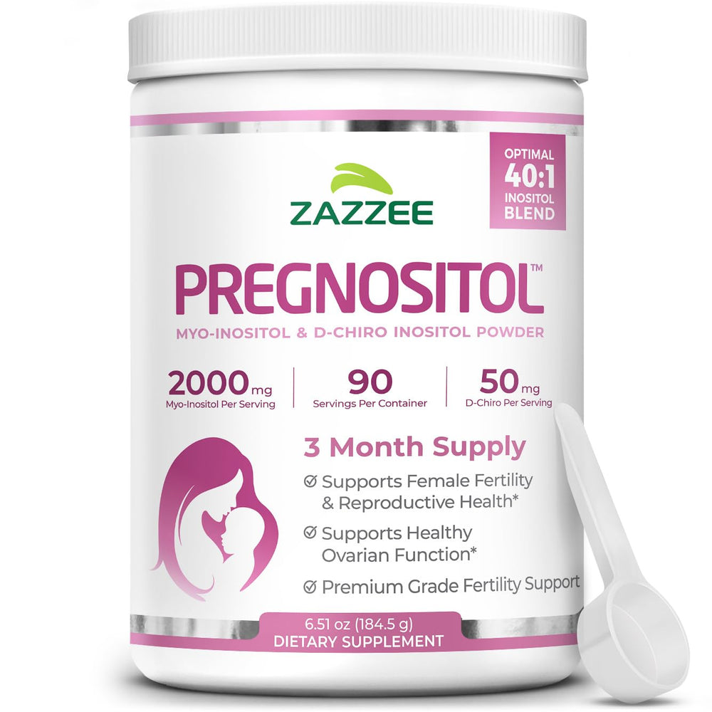 Zazzee Pregnositol bottle showcasing premium fertility support supplement for daily use