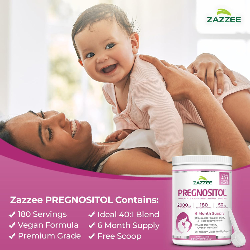 Zazzee Pregnostol scoop beside a glass for precise daily dosage.