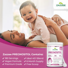 Zazzee Pregnostol scoop beside a glass for precise daily dosage.