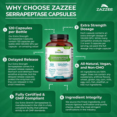 Zazzee Serrapeptase 120,000 SPU per capsule label emphasizes potency.