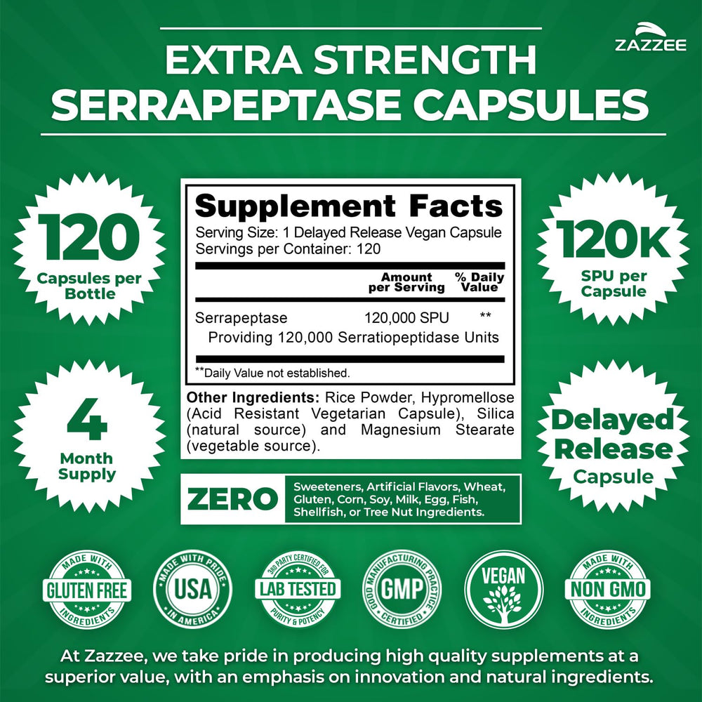 Zazzee Serrapeptase capsules inside view highlighting 120,000 SPU potency.