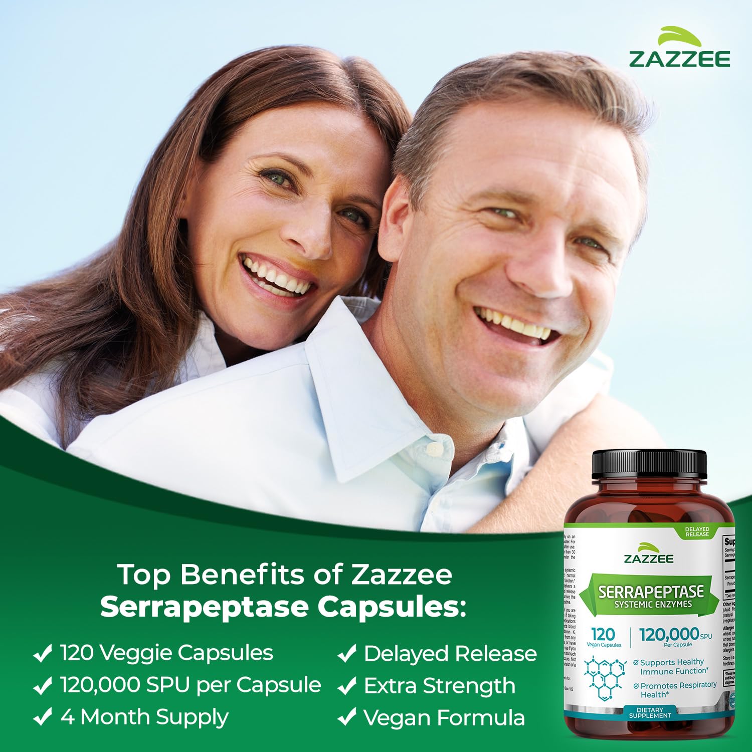 Zazzee Serrapeptase delayed-release capsules closeup showing acid-resistant shell.