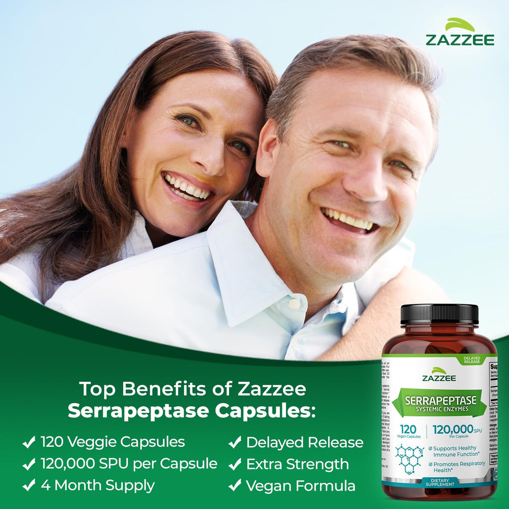 Zazzee Serrapeptase delayed-release capsules closeup showing acid-resistant shell.