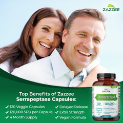 Zazzee Serrapeptase delayed-release capsules closeup showing acid-resistant shell.