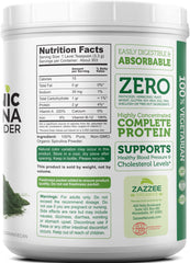 Zazzee spirulina powder in a measuring cup ready for smoothies.