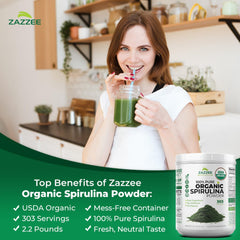 Zazzee spirulina powder label highlighting organic and kosher certifications.