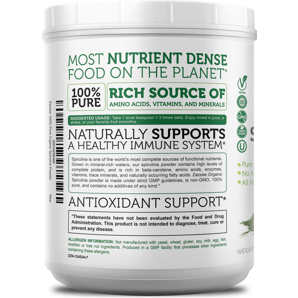Zazzee spirulina powder packaging emphasizing large 1 kg size.