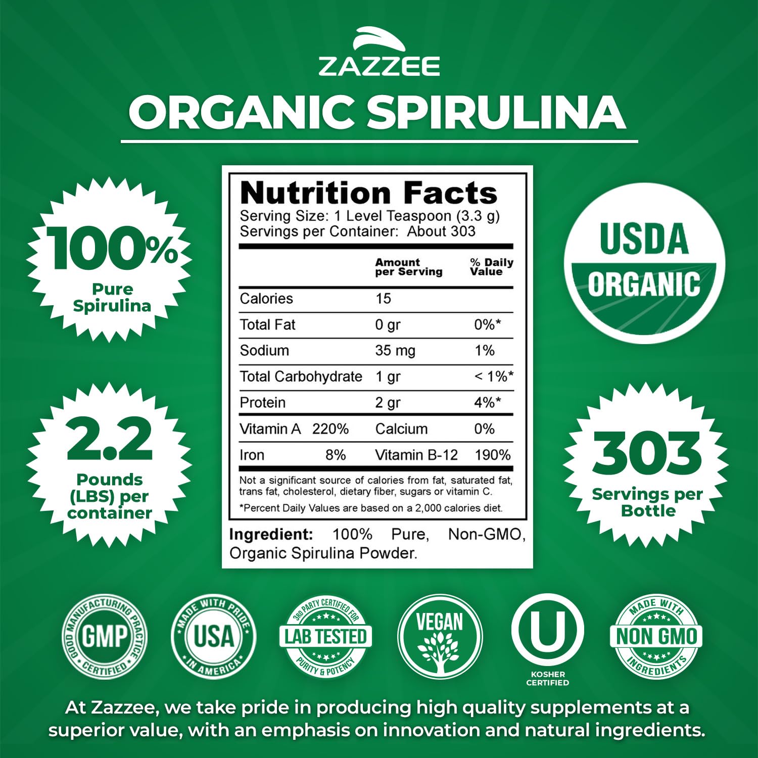 Zazzee spirulina powder scoop included for precise servings.