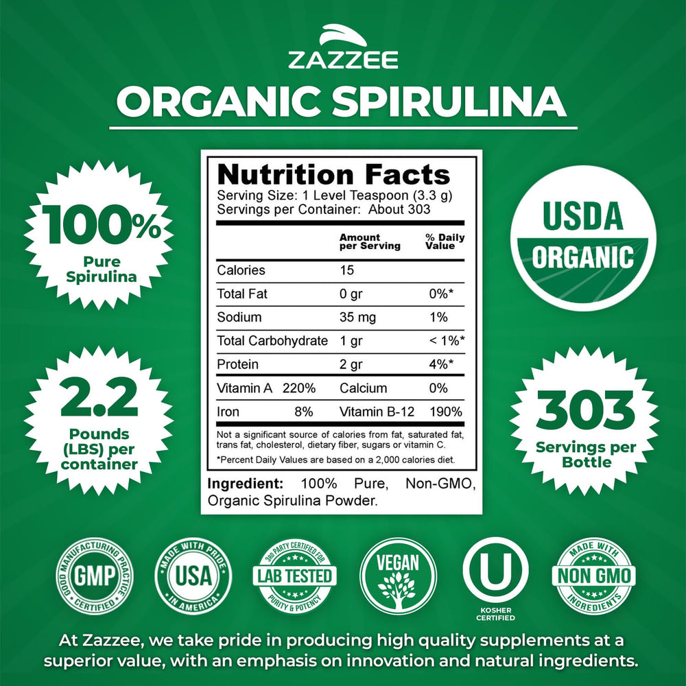 Zazzee spirulina powder scoop included for precise servings.