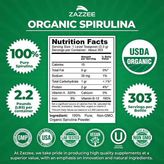 Zazzee spirulina powder scoop included for precise servings.
