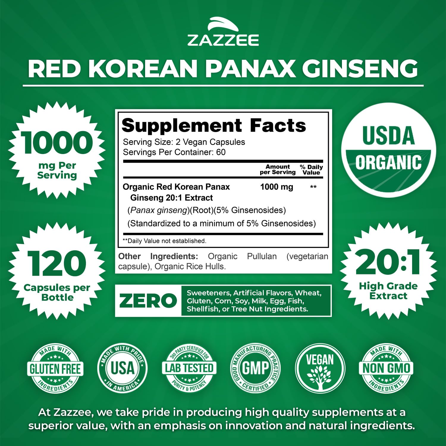 Zazzee USDA Organic label on bottle communicates all-natural quality.