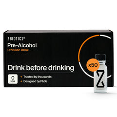 ZBiotics pre-alcohol probiotic bottle on table, signaling a smoother next morning.