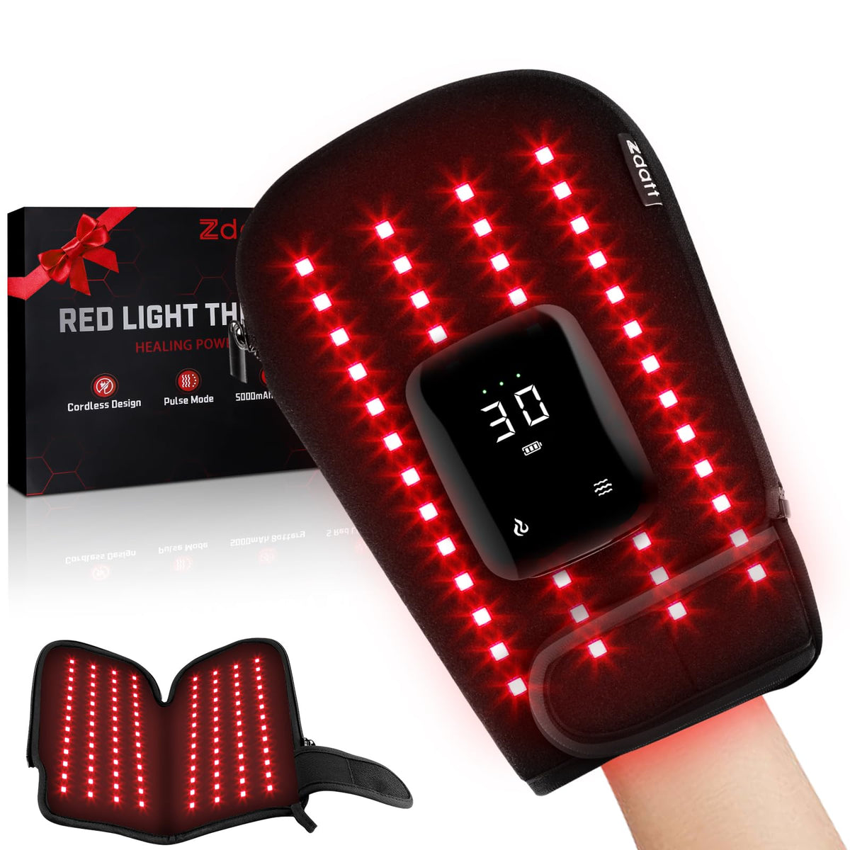 Zdatt cordless red light gloves showing 360° coverage for hands