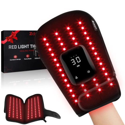 Zdatt cordless red light gloves showing 360° coverage for hands